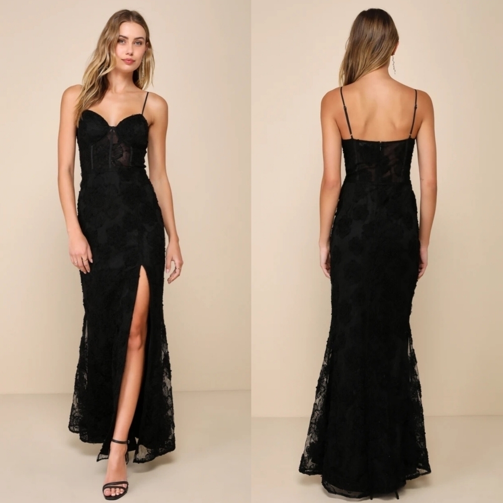 Lulus Sultry Direction Black Floral Lace Sheer Bustier Maxi Dress S Wedding - Picture 1 of 11
